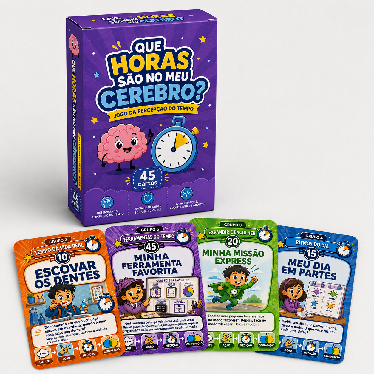 Caixa do baralho Que Horas São no Meu Cérebro com cartas de diferentes grupos abertas