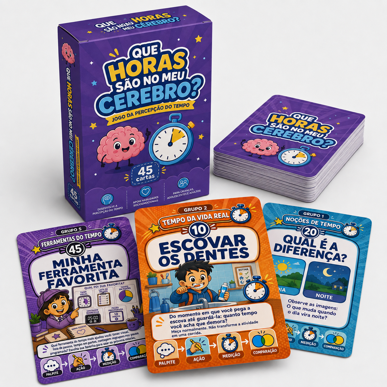 Caixinha do baralho com maço de cartas e cartas de exemplo